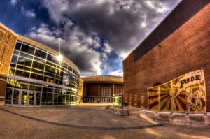 The sun sets on the atrium of Mackey Arena