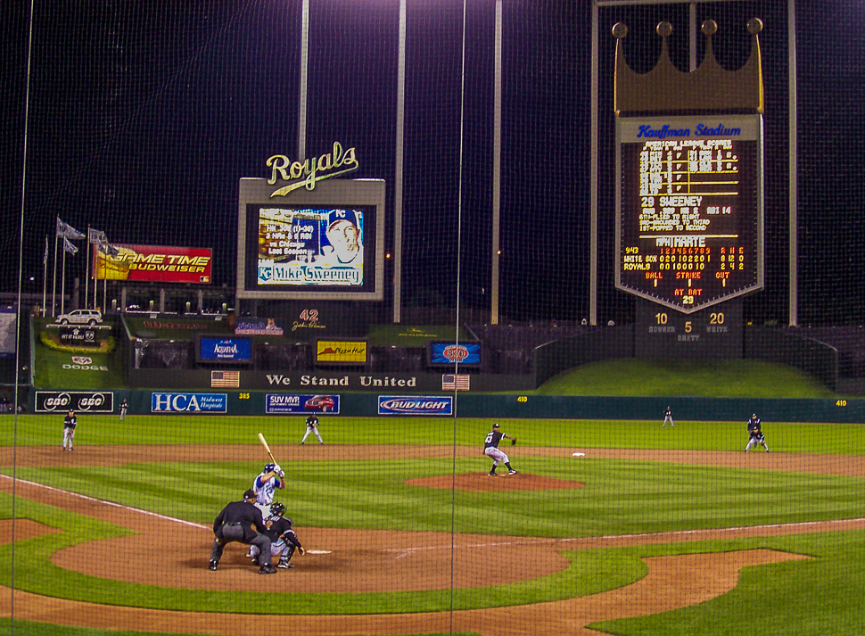 Damaso Marte pitches to Mike Sweeney at Kaufman Stadium in Kansas City Missouri
